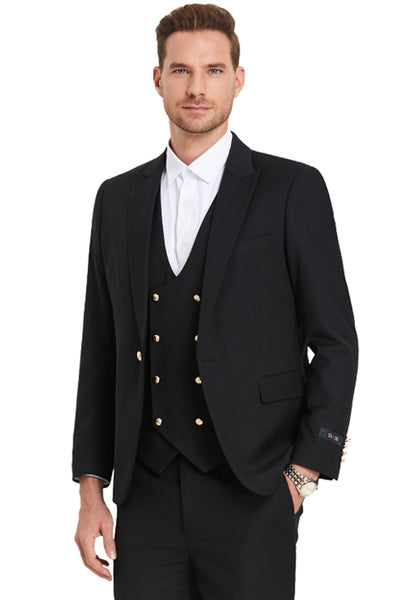 Men's One Button Peak Lapel Vested Suit with Gold Buttons in Black