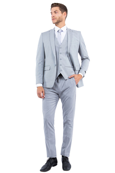 Men's One Button Vested Slim Fit Business & Wedding Suit in Light Grey