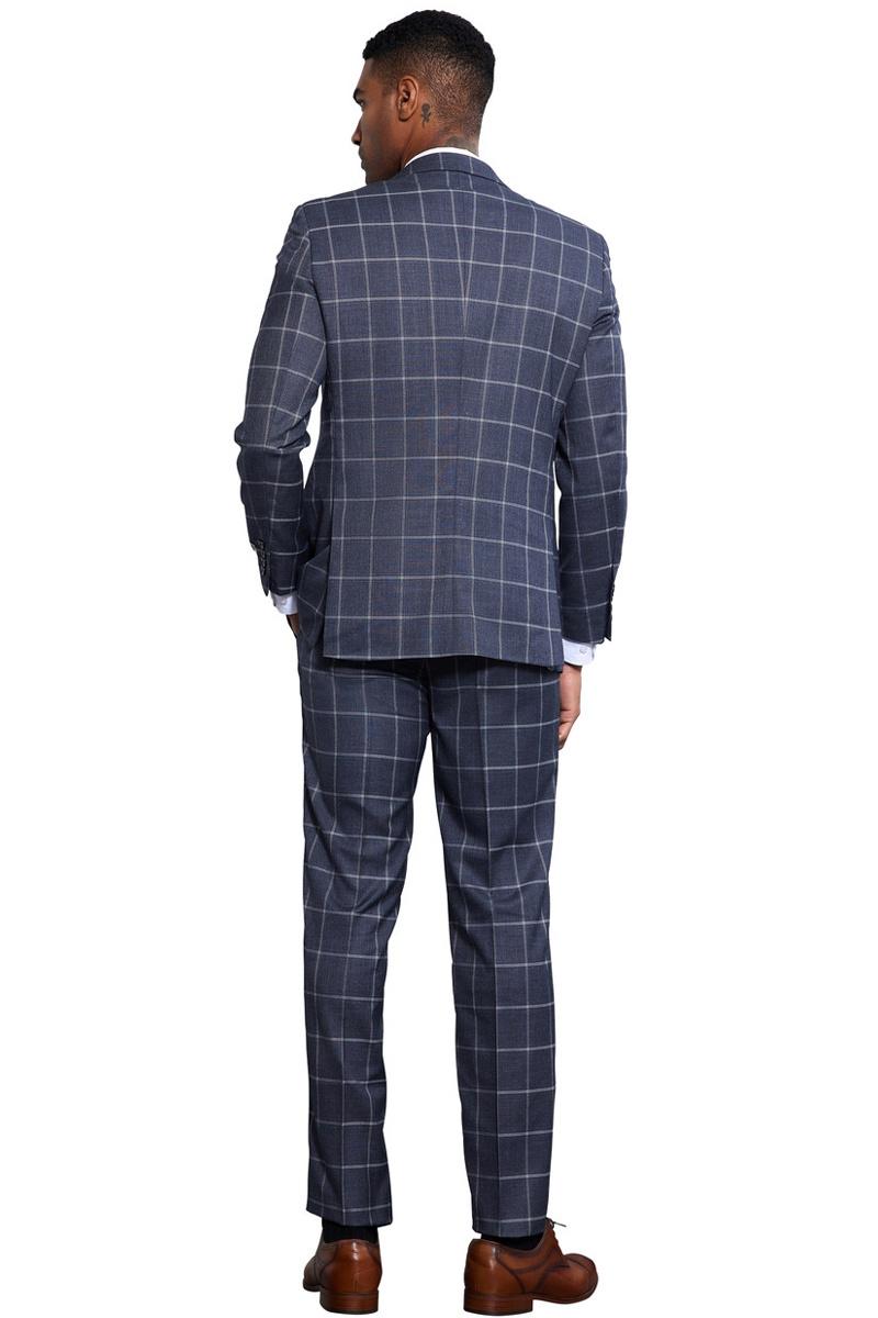 Men's Stacy Adams Classic One Button Vested Windowpane Suit in Charcoal Grey