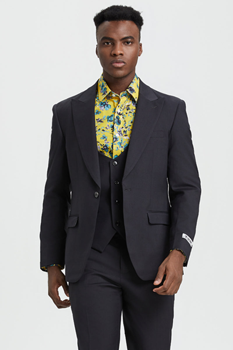Men's Vested One Button Peak Lapel Stacy Adams Designer Suit in Charcoal