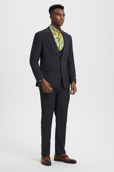 Men's Vested One Button Peak Lapel Stacy Adams Designer Suit in Charcoal