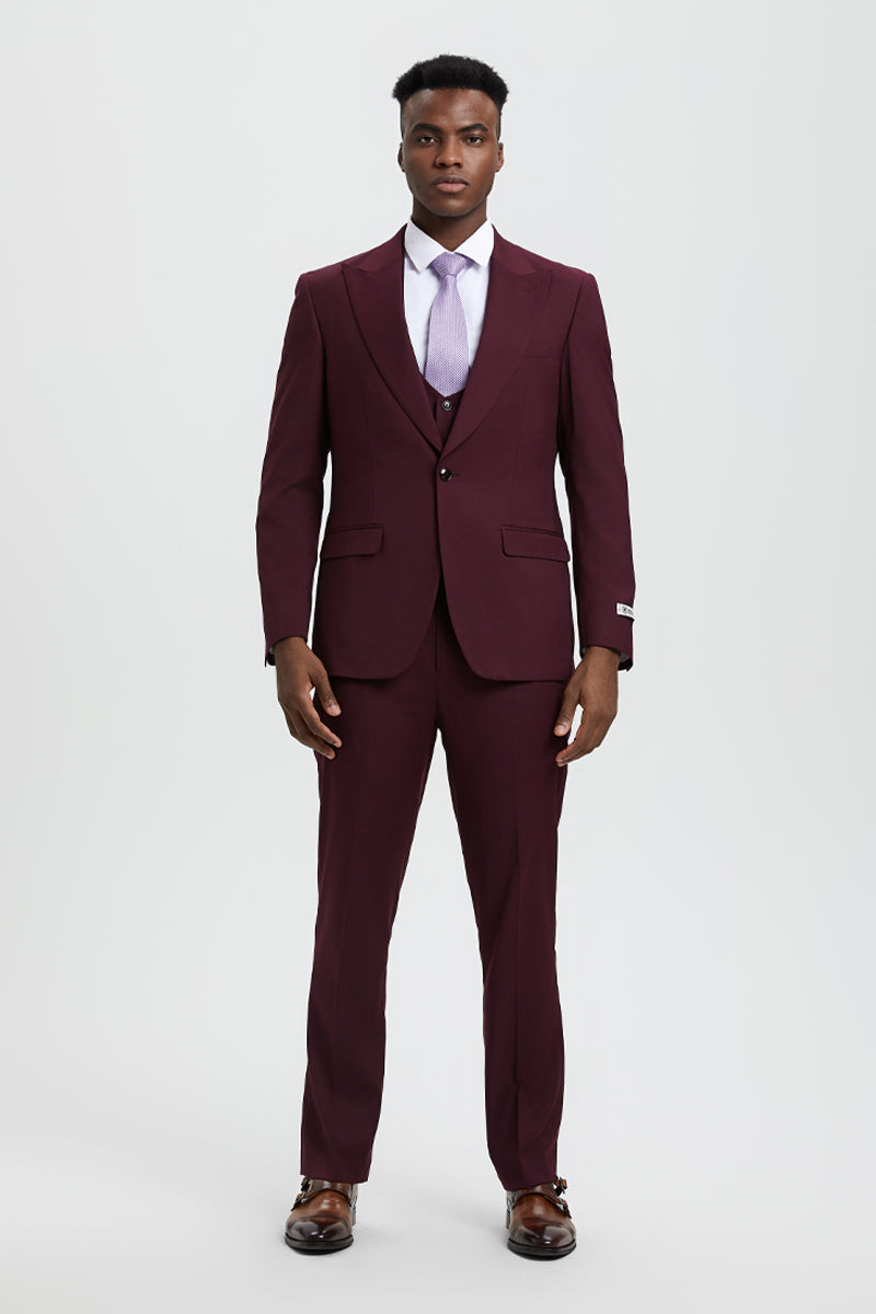 Men's Vested One Button Peak Lapel Stacy Adams Designer Suit in Burgundy