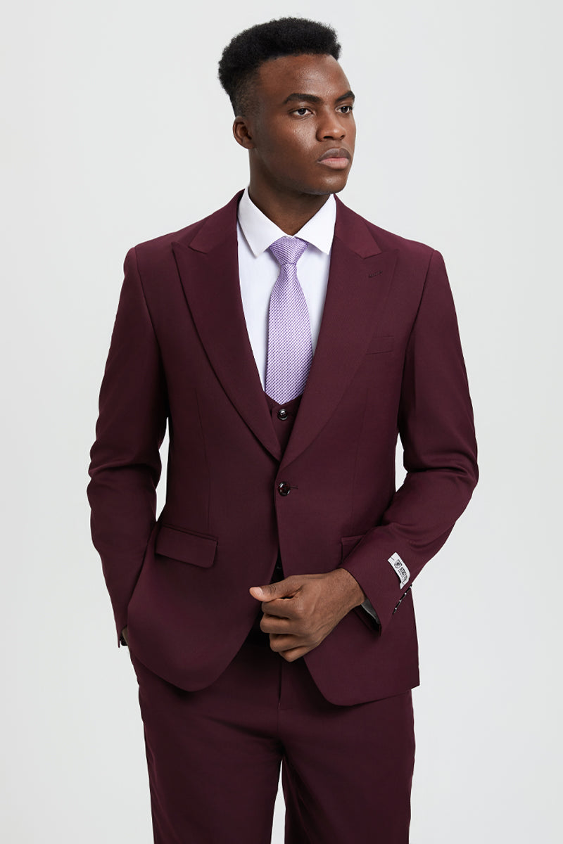 Men's Vested One Button Peak Lapel Stacy Adams Designer Suit in Burgundy