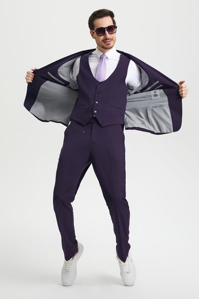 Men's Vested One Button Peak Lapel Stacy Adams Designer Suit in Eggplant