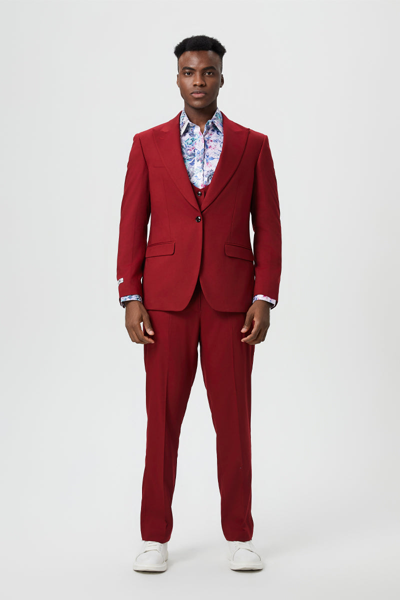 Men's Vested One Button Peak Lapel Stacy Adams Designer Suit in Cherry Red