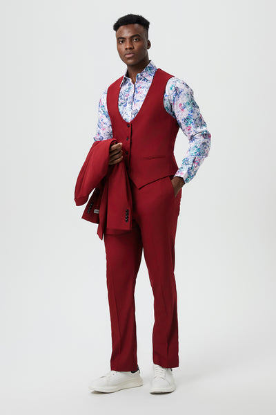 Men's Vested One Button Peak Lapel Stacy Adams Designer Suit in Cherry Red