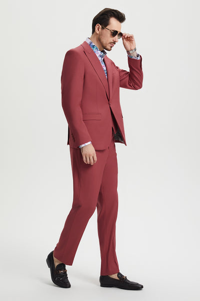 Men's Vested One Button Peak Lapel Stacy Adams Designer Suit in Coral Blush Pink