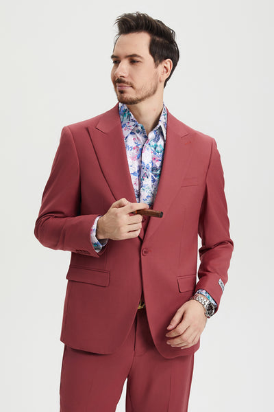 Men's Vested One Button Peak Lapel Stacy Adams Designer Suit in Coral Blush Pink