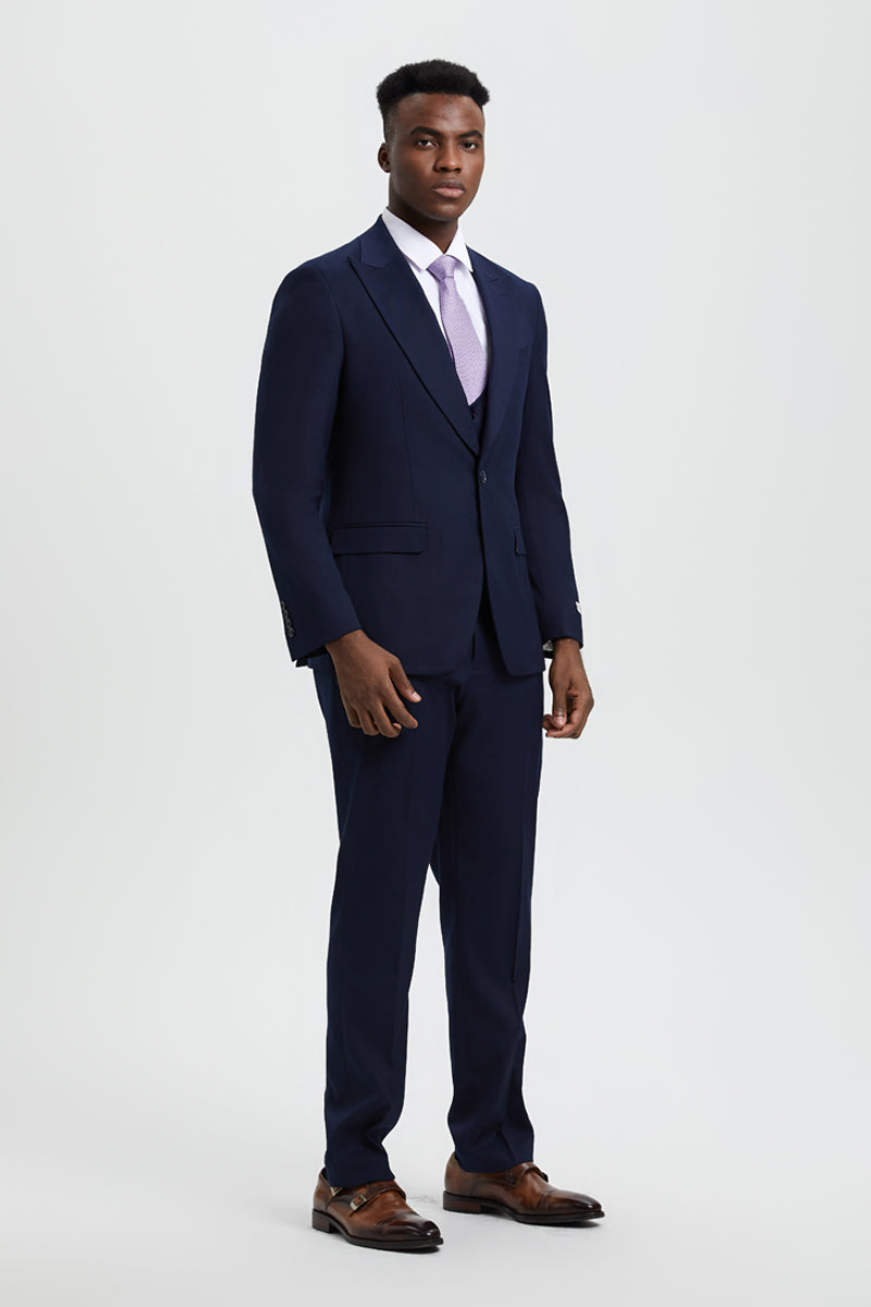 Men's Vested One Button Peak Lapel Stacy Adams Designer Suit in Navy Blue