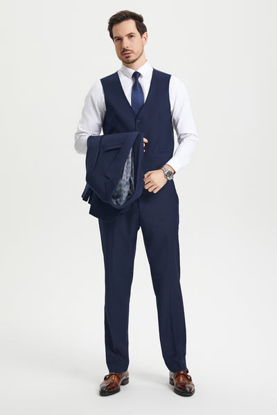 Men's Two Button Vested Stacy Adams Basic Designer Suit in Navy Blue