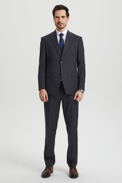 Men's Two Button Vested Stacy Adams Basic Designer Suit in Charcoal Grey