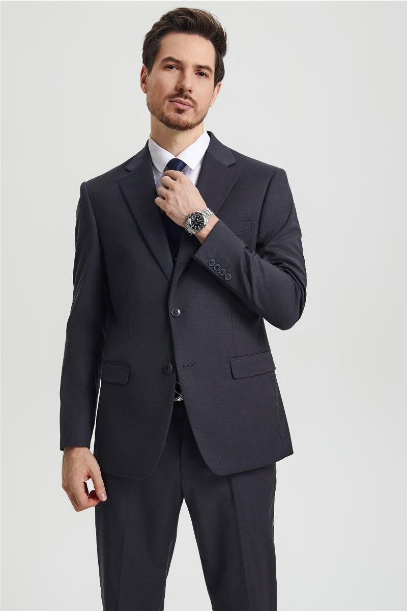 Men's Two Button Vested Stacy Adams Basic Designer Suit in Charcoal Grey