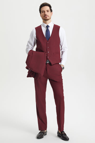 Men's Two Button Vested Stacy Adams Basic Designer Suit in Burgundy