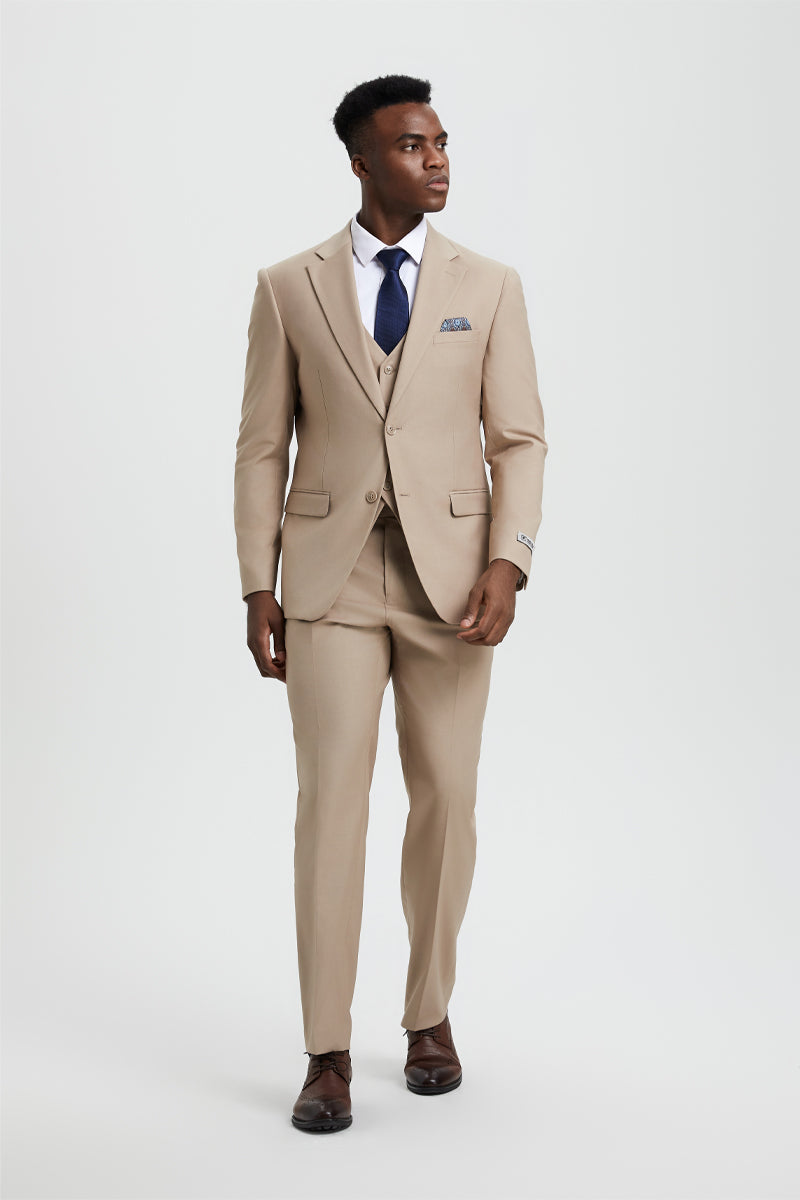 designer dress suits Men's Two Button Vested Stacy Adams Basic Designer Suit in Tan