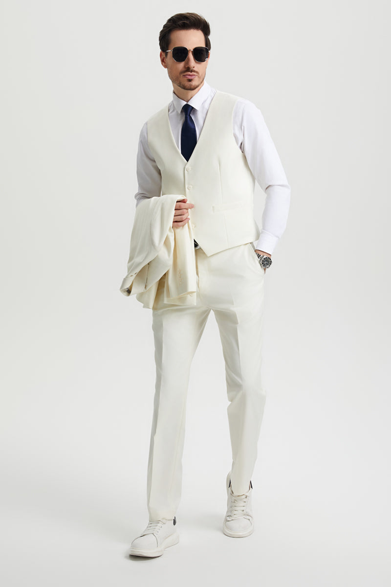 Men's Two Button Vested Stacy Adams Basic Designer Suit in Ivory Off White
