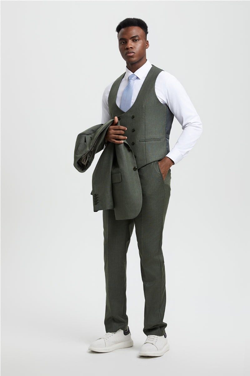 Men's Two Button Vested Stacy Adams Designer Sharkskin Suit in Olive Green