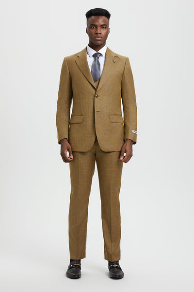 Men's Two Button Vested Stacy Adams Designer Sharkskin Suit in Light Mustard