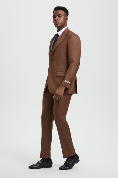 Men's Two Button Vested Stacy Adams Designer Sharkskin Suit in Cognac