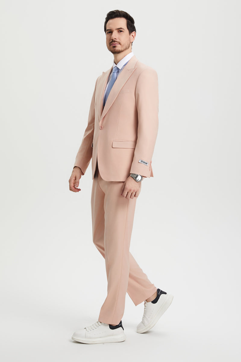 Men's Vested One Button Peak Lapel Stacy Adams Designer Suit in Beige