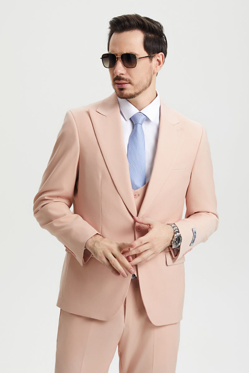 Men's Vested One Button Peak Lapel Stacy Adams Designer Suit in Beige