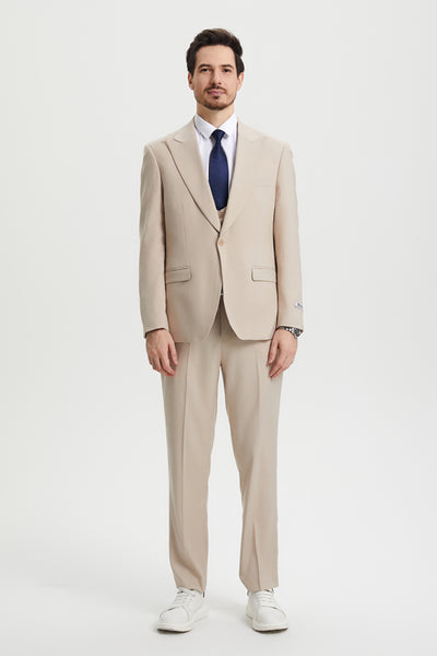 Men's Vested Two Button Notch Lapel Stacy Adams Designer Suit in Tan