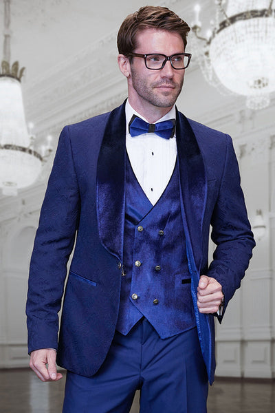 Men's Tonal Paisley Wedding & Prom Tuxedo with Velvet Lapel & Vest in Sapphire Blue