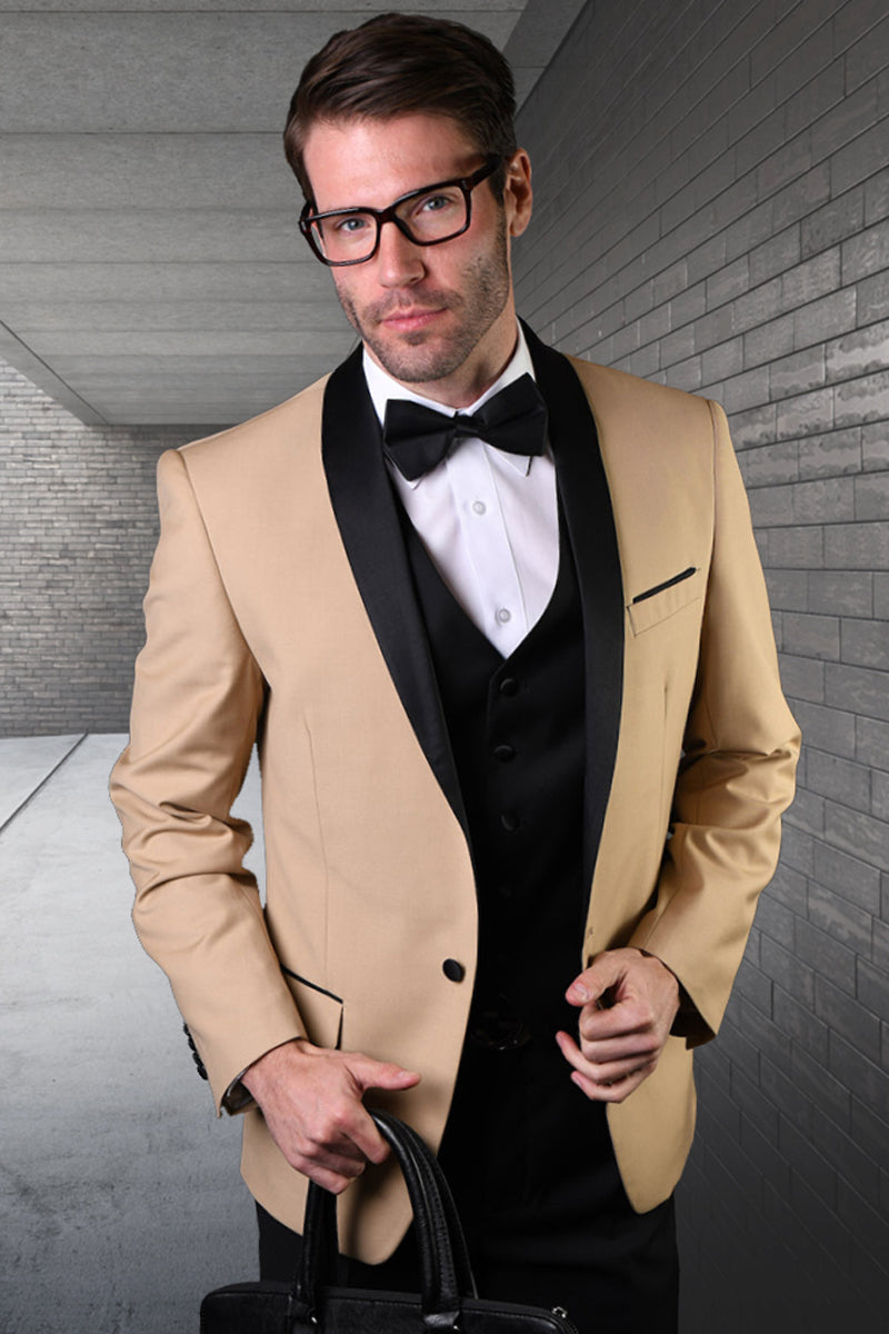 Men's Vested Classic Dinner Jacket Wedding Tuxedo in Champagne Tan