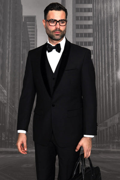 Men's Vested Classic Dinner Jacket Wedding Tuxedo with Velvet Lapel in Black