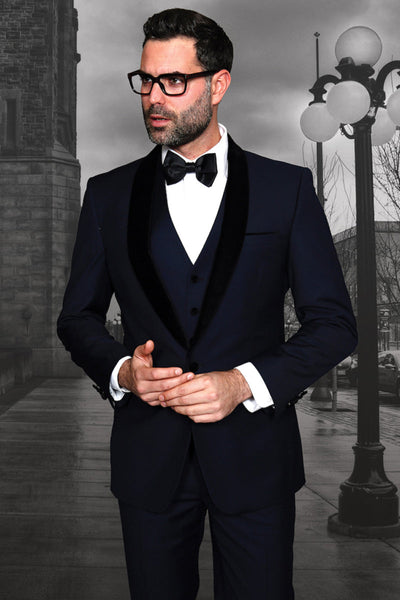 Men's Vested Classic Dinner Jacket Wedding Tuxedo with Velvet Lapel in Navy