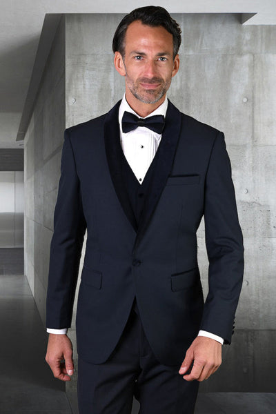 Men's Vested Classic Dinner Jacket Wedding Tuxedo with Velvet Lapel in Navy Blue