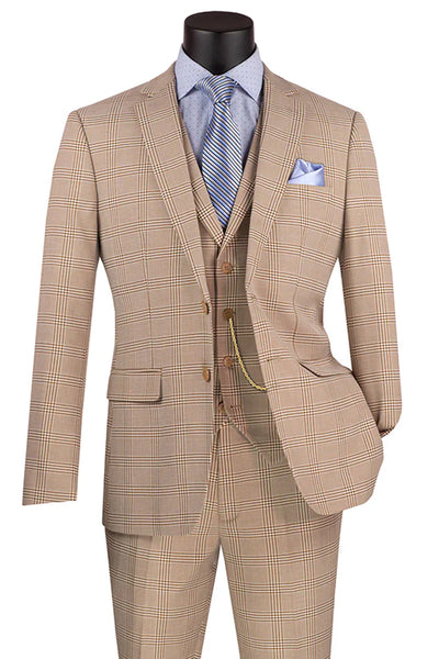 Men's Slim Fit Vested Glen Plaid Summer Business Suit in Beige