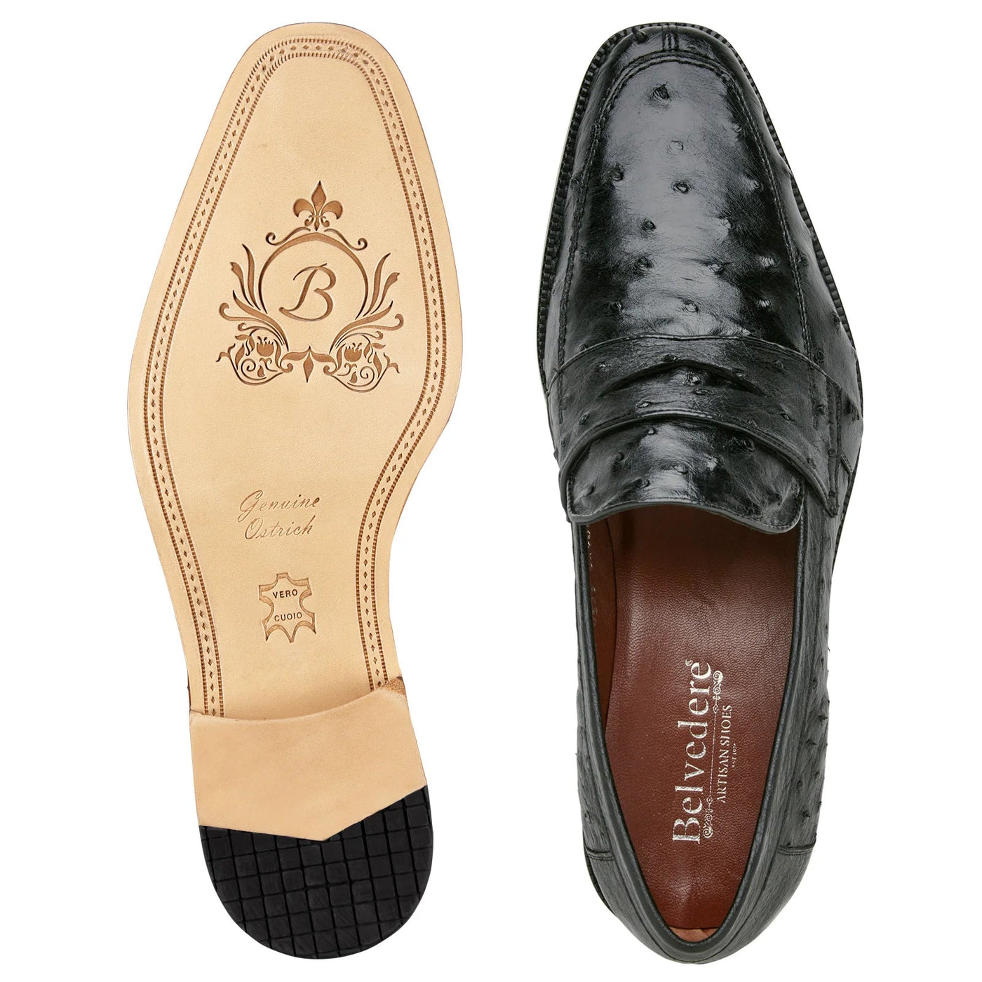 Men's Belvedere Espada Ostrich Quill Penny Loafer Dress Shoe in Black