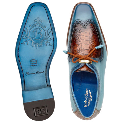 Men's Belvedere Etore Hand Painted Calf & Ostrich Leg Wingtip Dress Shoe in Blue & Camel
