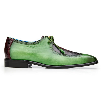 Men's Belvedere Etore Hand Painted Calf & Ostrich Leg Wingtip Dress Shoe in Green & Burgundy