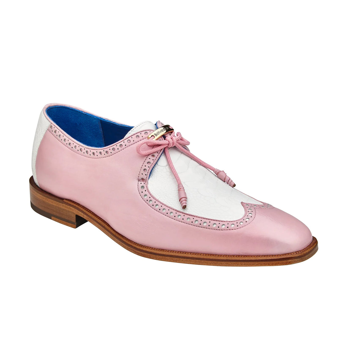 Men's Belvedere Etore Hand Painted Calf & Ostrich Leg Wingtip Dress Shoe in Pink & White