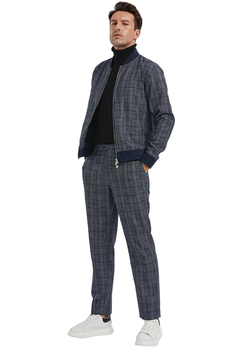 Men's Casual Walking Track Suit Jacket Pant Set in Navy Plaid