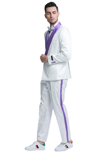 Men's Slim Fit Double Breasted Paisley Smoking Jacket Prom & Wedding Tuxedo in White & Purple