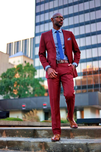 Men's Basic 2 Button Slim Fit Wedding Suit in Burgundy