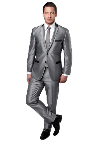 Men's Two Button Slim Fit Shiny Sharkskin Suit in Silver Grey with Contrast Collar and Trim