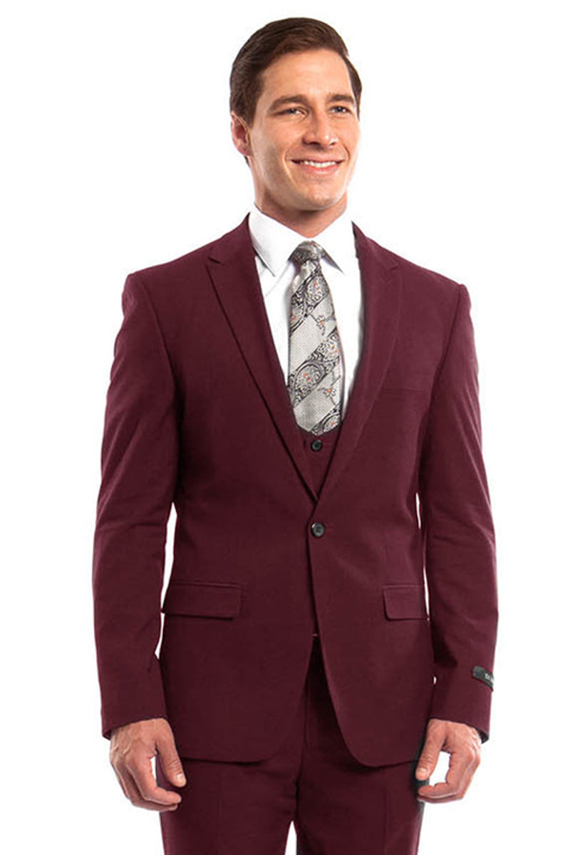 Men's One Button Peak Lapel Skinny Wedding & Prom Suit with Lowcut Vest in Burgundy