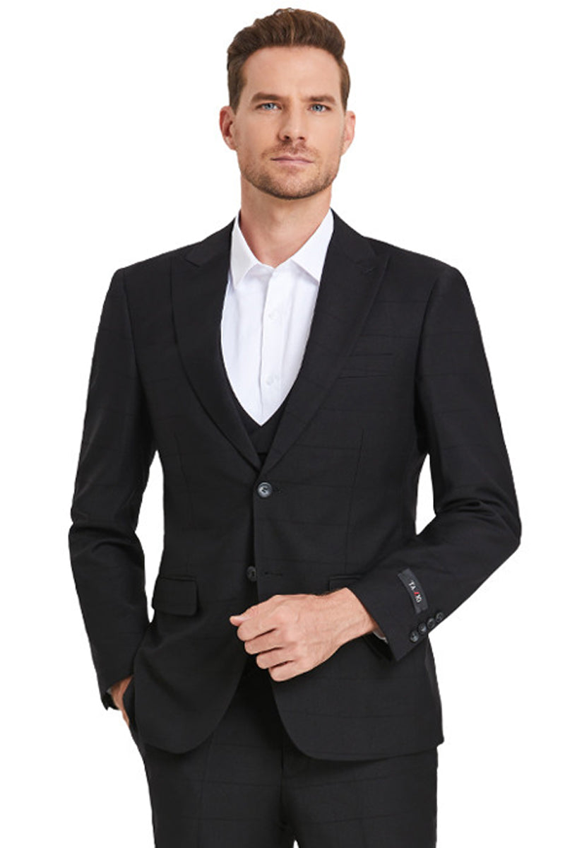 Men's Two Button Vested Peak Lapel Sharkskin Suit in Black Windowpane Plaid