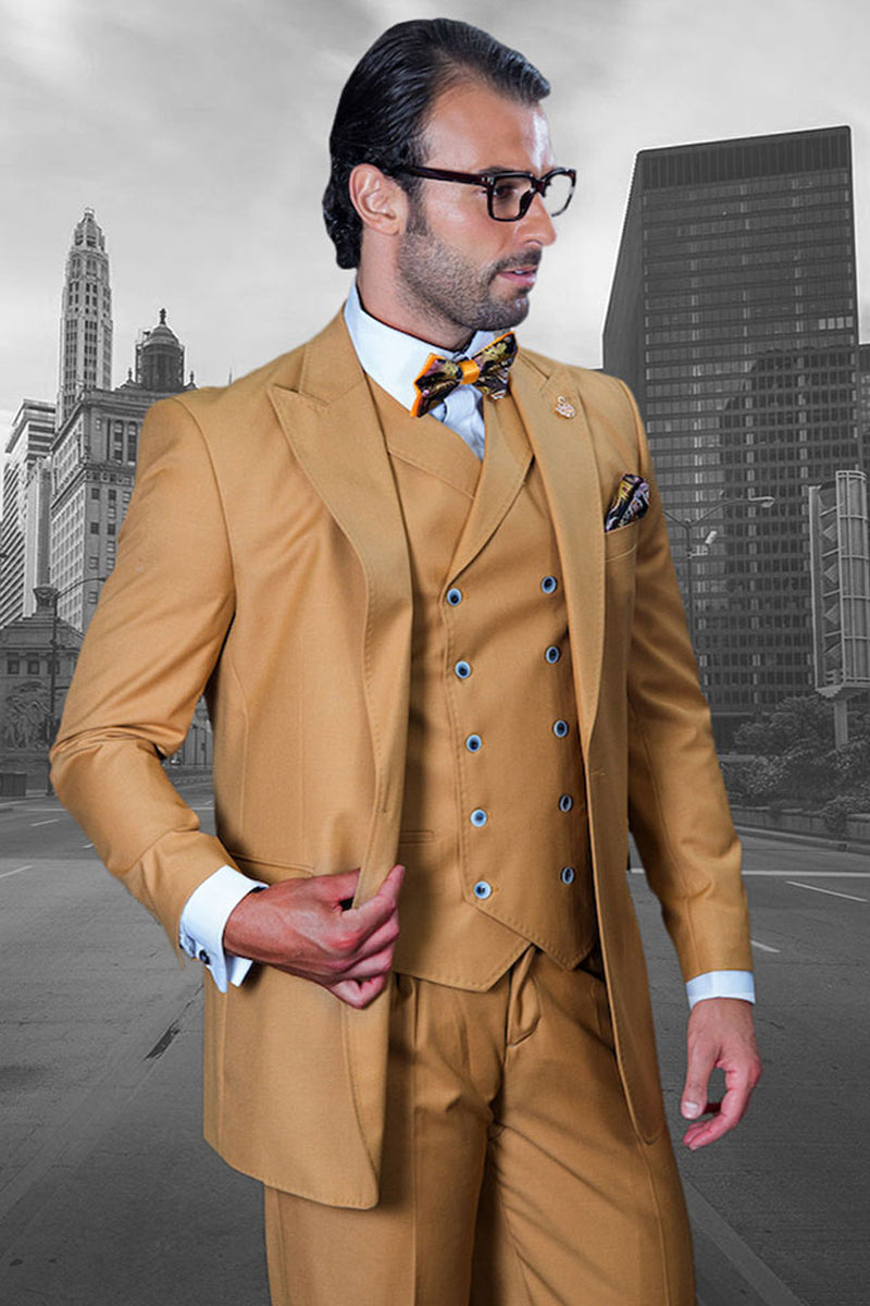 Men's Designer Vested One Button Peak Lapel Wide Leg Pant Wool Suit in Camel