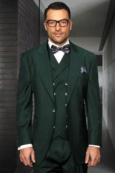 Men's Designer Vested One Button Peak Lapel Wide Leg Pant Wool Suit in Hunter Green