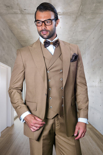 Men's Designer Vested One Button Peak Lapel Wide Leg Pant Wool Suit in Tan