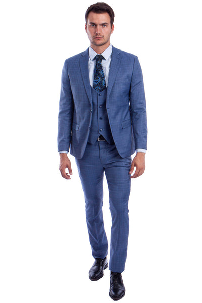 Men's Two Button Vested Skinny Fit Suit with Low Cut Vest in Blue Plaid