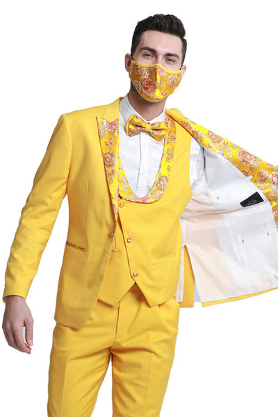 Men's One Button Vested Prom & Wedding Tuxedo in Yellow Gold with Floral Peak Lapel