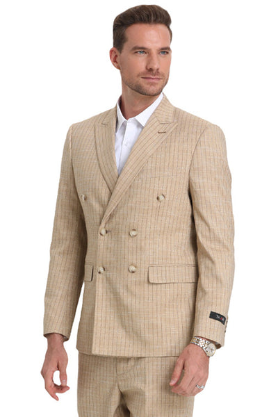 Men's Slim Fit Double Breasted Summer Suit in Khaki Pinstripe