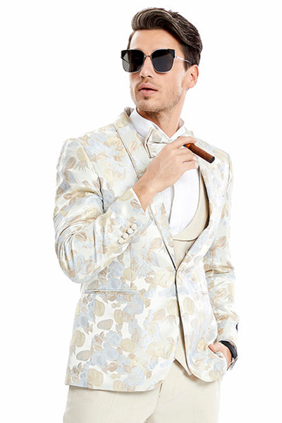 Men's One Button Vested Water Color Tulip Floral Print Wedding Dinner Jacket Tuxedo Suit in Tan