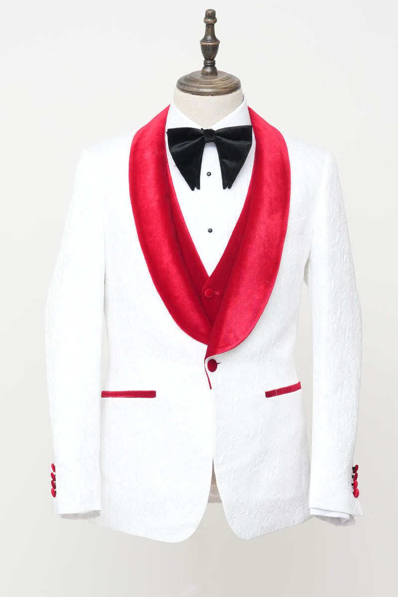 Men's Vested White Paisley Wedding & Prom Tuxedo with Burgundy Velvet Lapel