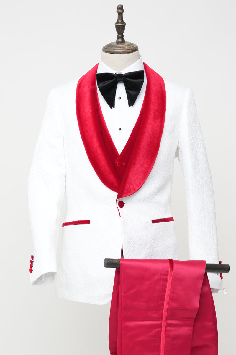 Men's Vested White Paisley Wedding & Prom Tuxedo with Burgundy Velvet Lapel